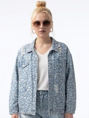 JODIFL | Blue Denim Jean Jacket Oversized Distressed Leopard Print Women’s M